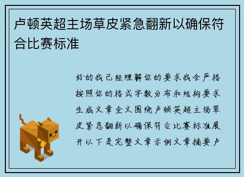 卢顿英超主场草皮紧急翻新以确保符合比赛标准